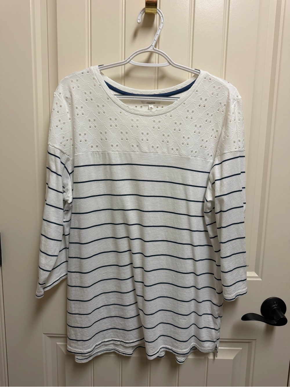 Maurices White Eyelet Top with Navy Trim
